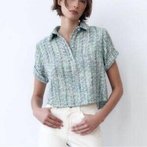 Zara Blue Tweed Cropped Shirt Size M